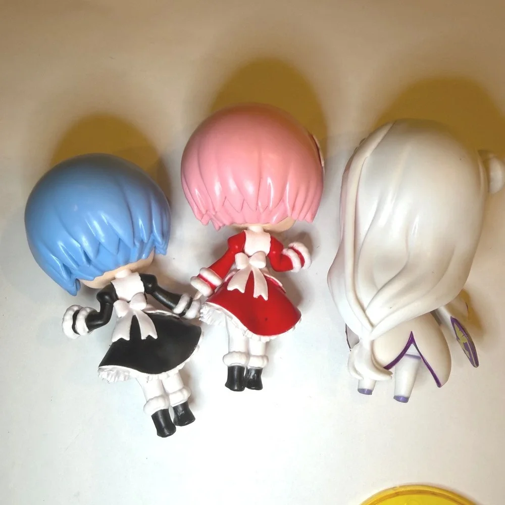 Re Zero Rem Ram Emilia Chibi Figure Set 3 Inch Anime Miniatures with 2 Stands